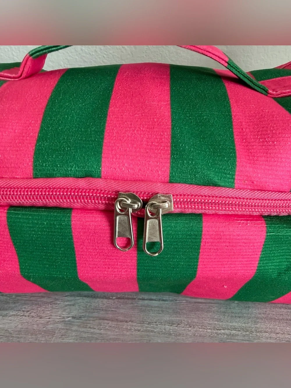 Hot Pink Green Striped Zip Large Handle Canvas Cosmetic Bag Tote Case Pocket